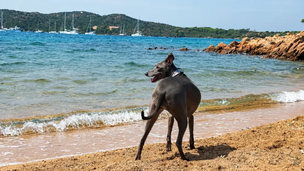 Pes na pláži Per Cani na ostrove Caprera počas dovolenky na Sardínii.